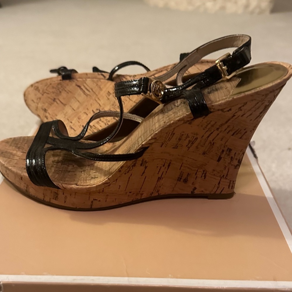 Mk Black Leather Strapped Wedges. - image 1